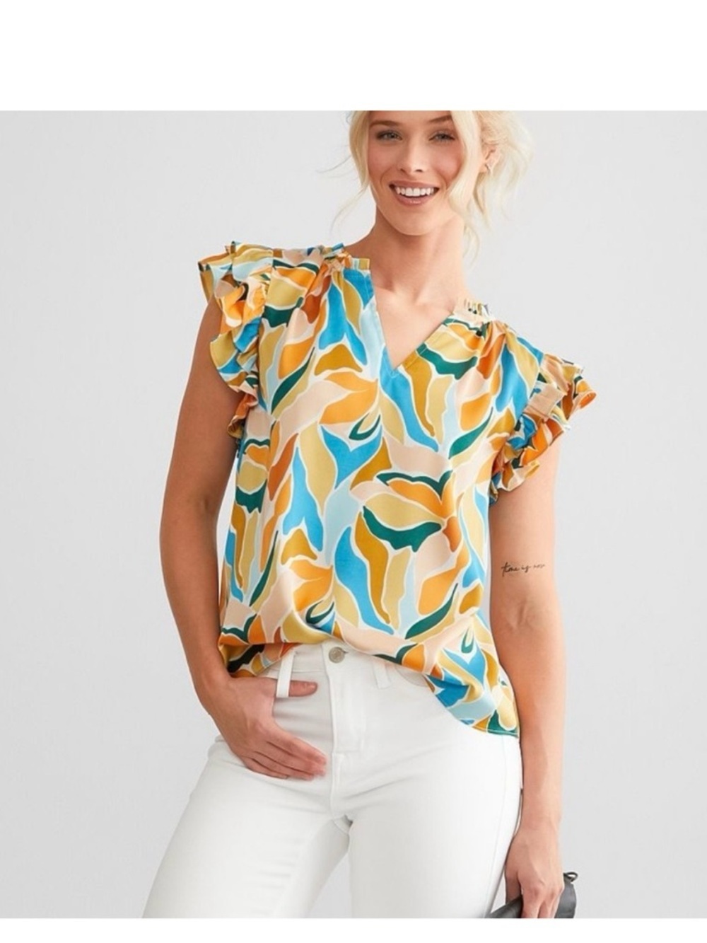 V-Neck Flutter Sleeve Blouse in Yellow Multi